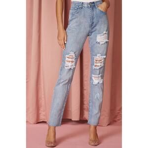 Superdown Women's Cotton Distressed Jeans Blue Wash 26 High Waisted Straight Leg
